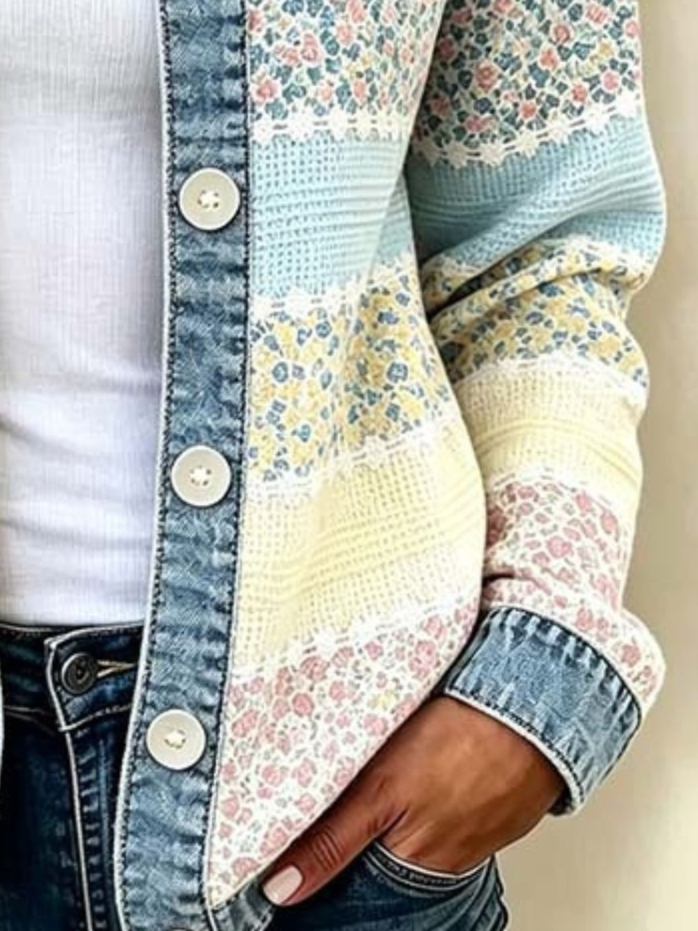 Full Size Floral Patchwork Denim Trim Jacket Plus Size - Picture 3 of 4